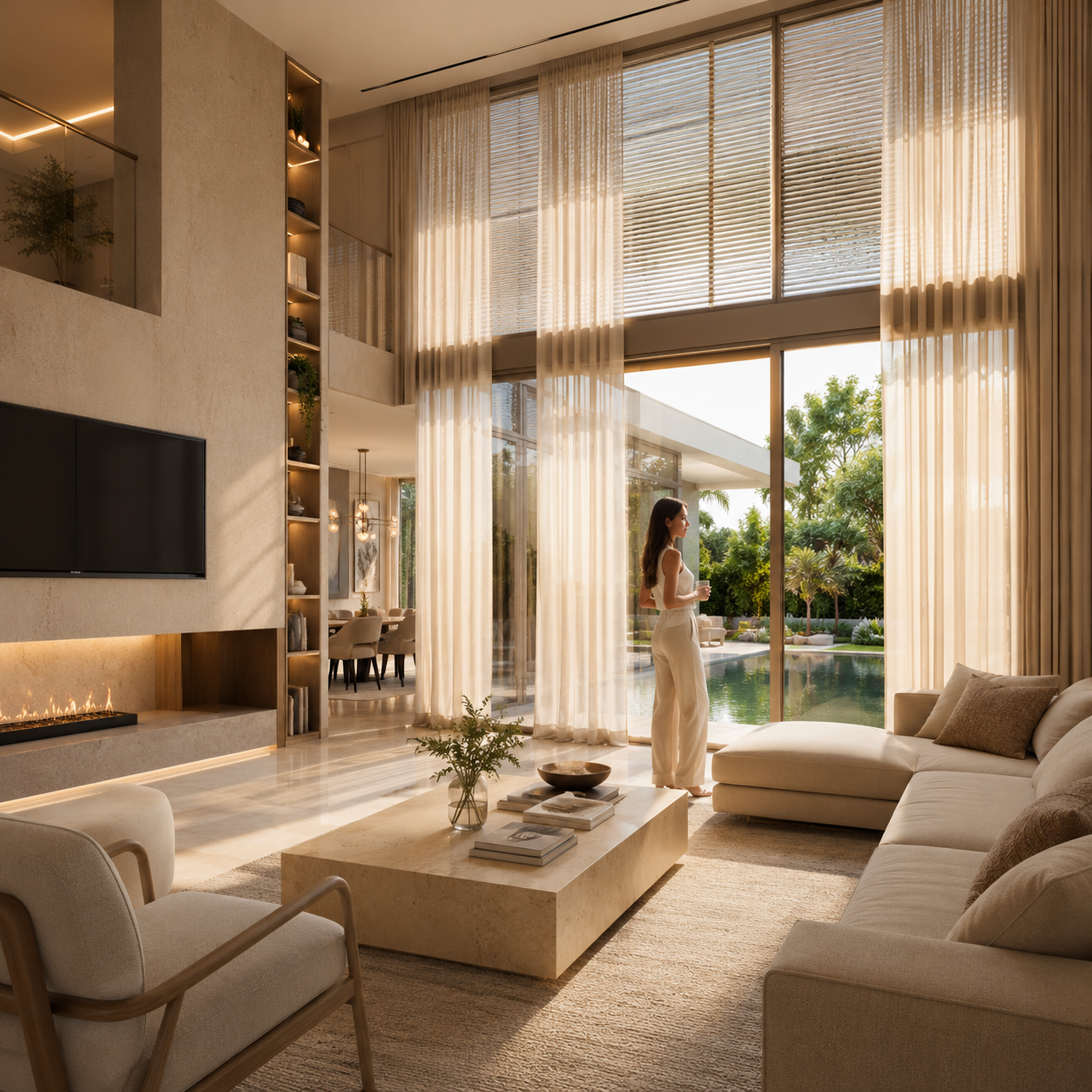 Sala de luxo com cortinas e persianas